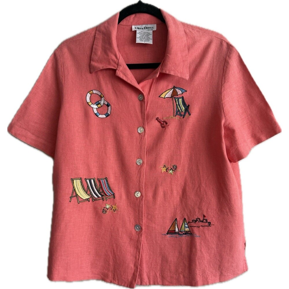 Ultra Dress Linen Coral Summer Beach Embroidered Abalone Shell Button Up Size 12